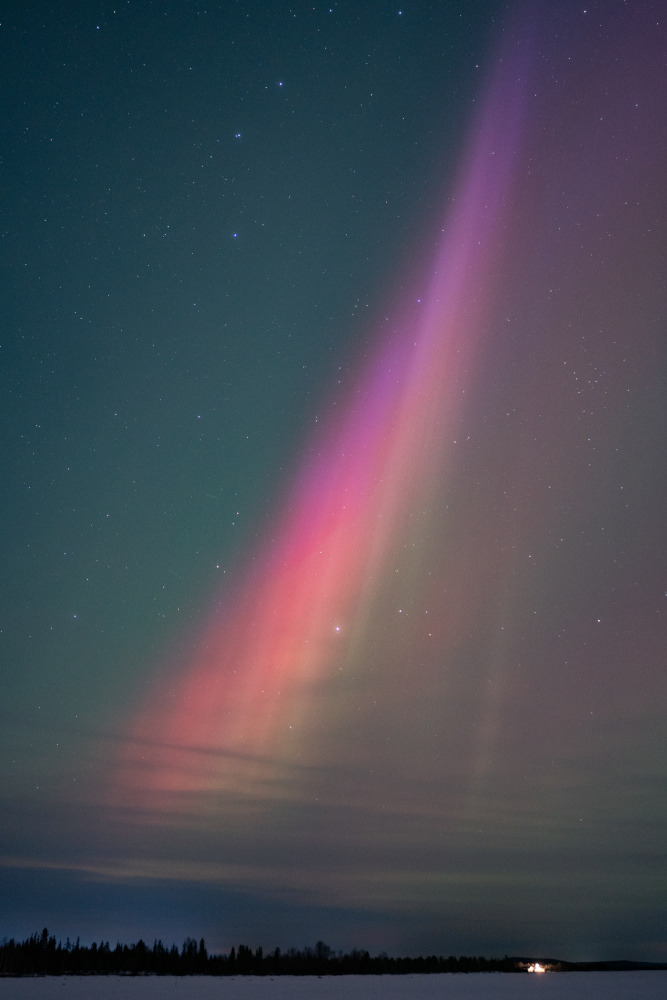 Aurora boreal en forma vertical de color rosa pàl·lid. Fotografia feta a Kiruna, Suècia.